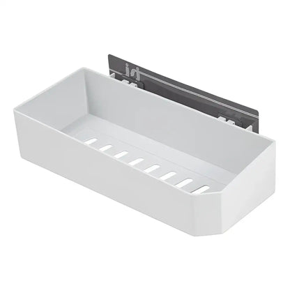 White rectangular plastic bathroom shelves wall storage rack with gray magnetic mounting strip on the back side