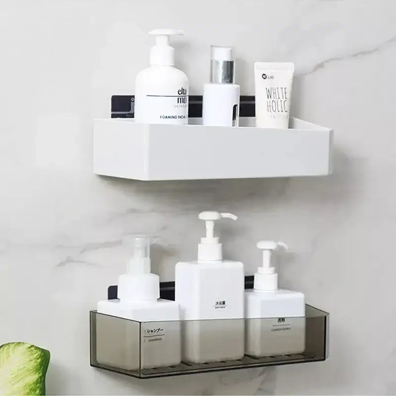 White and translucent plastic bathroom shelves wall storage rack with black magnetic strips for secure attachment