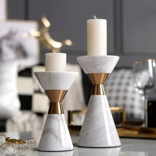 White volakos marble wedding candlesticks with gold metal bands for elegant dining room decorbites golden metal accents