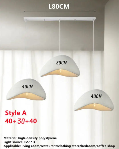 White wabi sabi triple dome pendant lamp with three curved white high-density polystyrene shades by decorbites handmade wabi