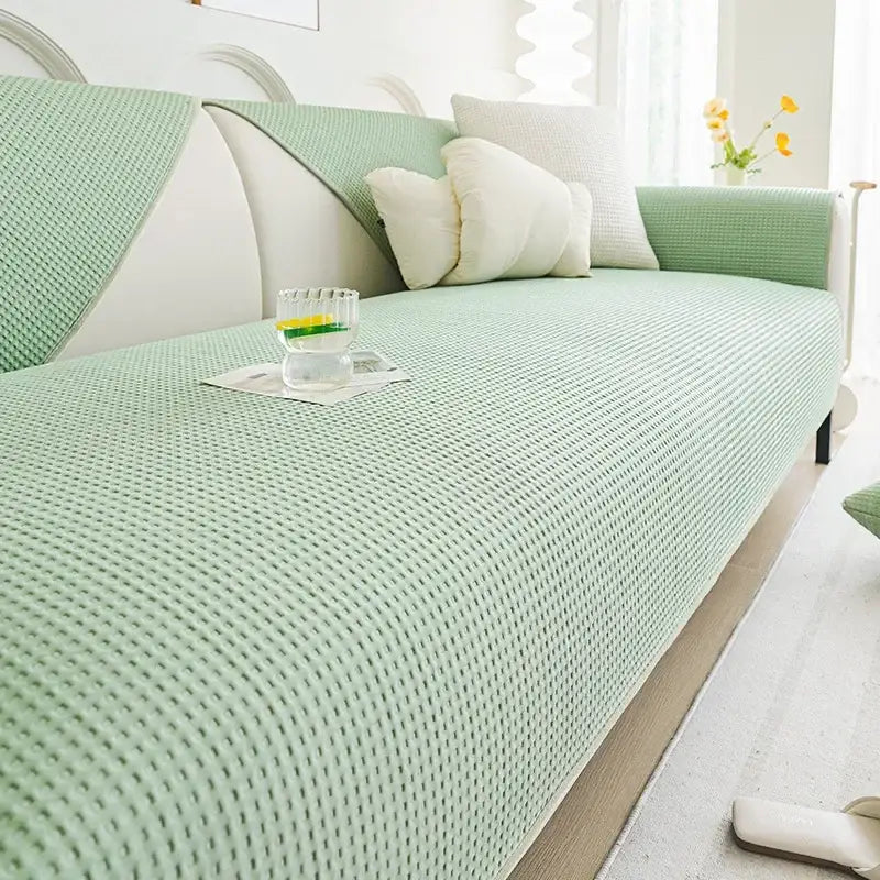 Light green textured fabric sofa cover with woven pattern for living room white waffle weave ice silk sofa pad cushion