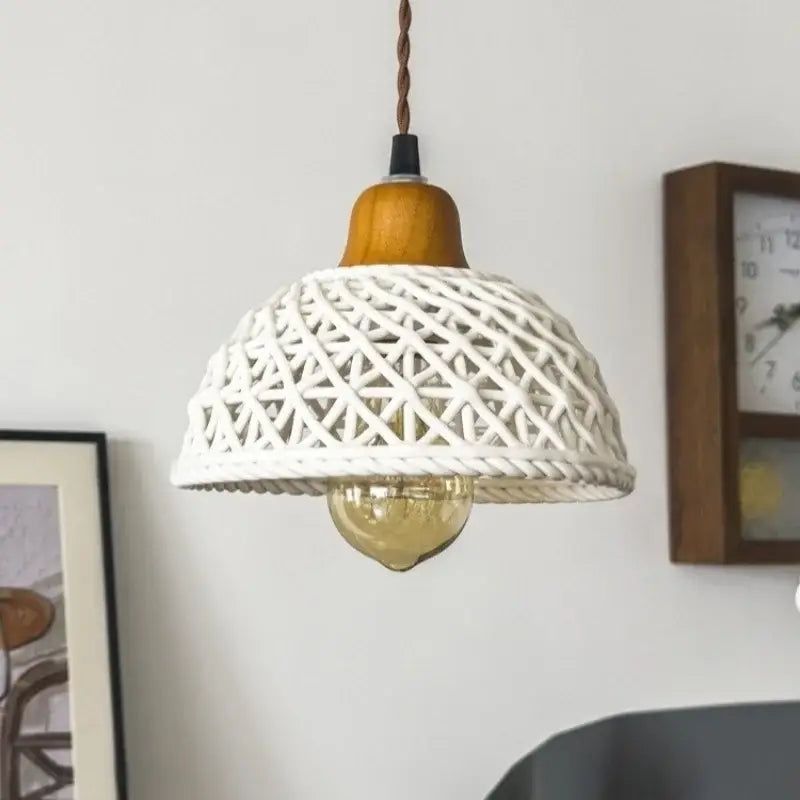 White woven rope ceramic led pendant light with wooden top and exposed amber bulb for kitchen dining room decorbites ceramic led pendant