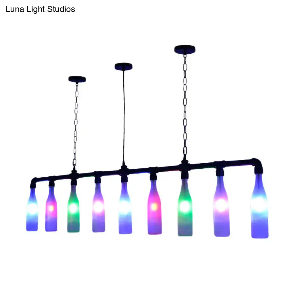 DecorBites™ art deco island pendant light with black metal frame and nine colorful glass bottles on adjustable chain cord length
