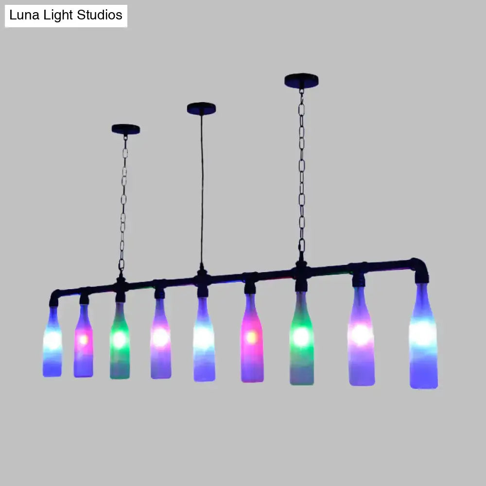 Decorbites™ art deco island pendant light with black pipe frame and colorful glass bottles for bar lighting with chain cord length