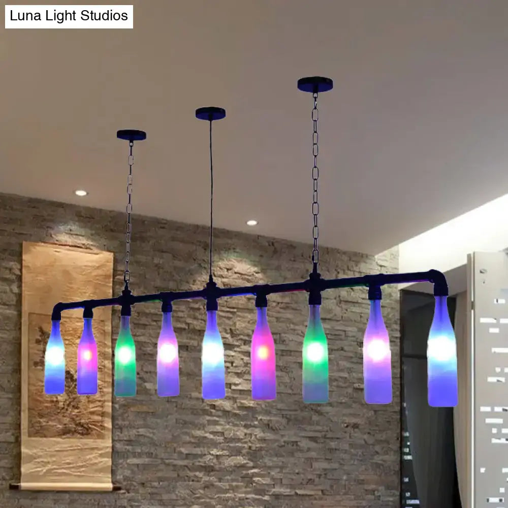 Modern decorbites island pendant light with seven colorful glass bottles on black metal frame and adjustable chain cord length