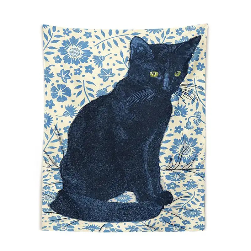 Witchcraft black cat tapestry wall hanging with embroidered texture and glowing green eyes on cream floral decorbites black cat