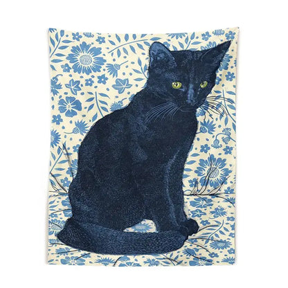Witchcraft black cat tapestry wall hanging with embroidered texture and glowing green eyes on cream floral decorbites black cat