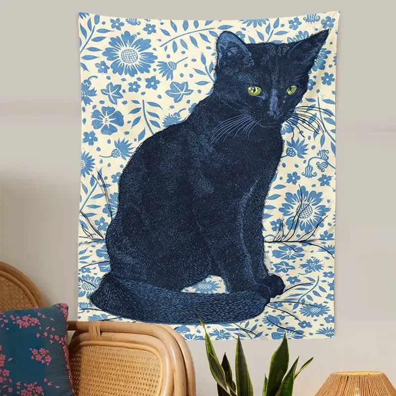 Witchcraft black cat tapestry wall hanging features a detailed embroidered black cat with green eyes on cream fabric decorbites black cat