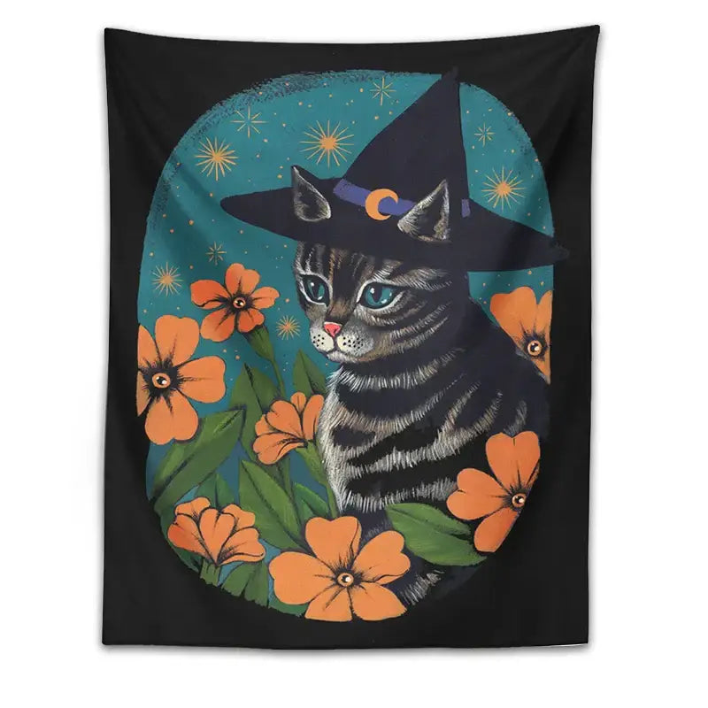 Black tapestry wall hanging featuring a witchcraft gray tabby cat with hat and flowers for decorbites cat tapestry decor