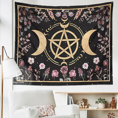 Witchy black and gold botanical floral moon tapestry featuring a gold pentagram, crescent moons, and pink roses decorbites