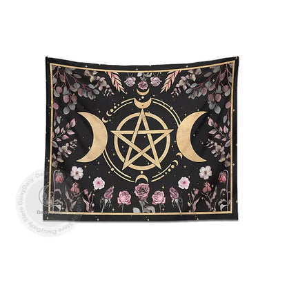 Black and gold botanical floral moon tapestry with gold pentagram, crescent moons, and pink roses for living room decor
