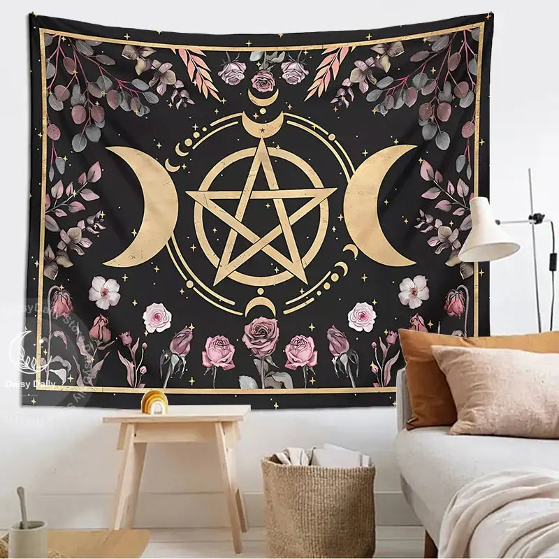 Witchy black and gold botanical floral moon tapestry with pentagram, crescent moons, pink roses, and green leaves decorbites botanical floral