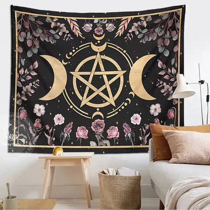 Witchy black and gold botanical floral moon tapestry with pentagram, crescent moons, pink roses, and green leaves decorbites botanical floral