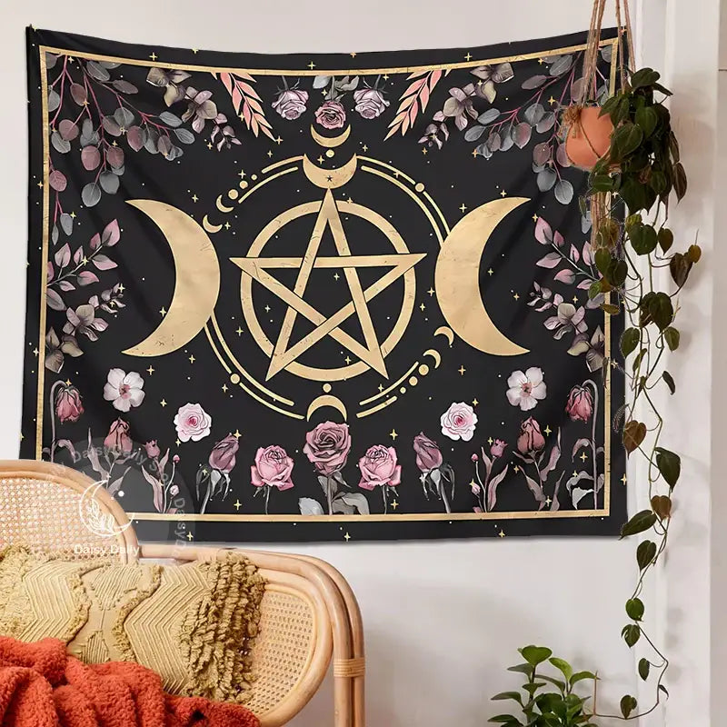 Witchy black and gold botanical floral moon tapestry with crescent moons pentagram and floral moon decorbites living room decor