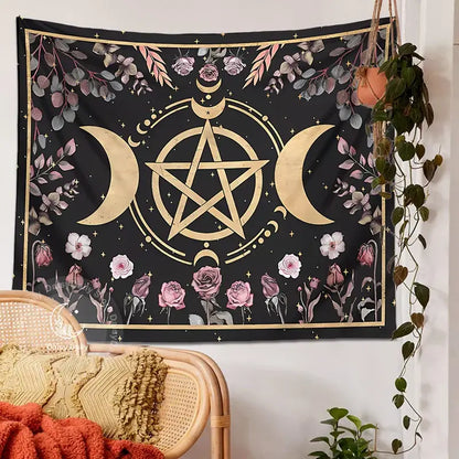 Witchy black and gold botanical floral moon tapestry with crescent moons pentagram and floral moon decorbites living room decor