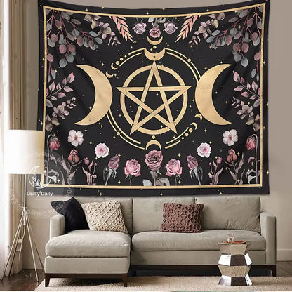 Black and gold botanical floral moon tapestry with pentagram crescent moons pink roses for decorbites living room decor