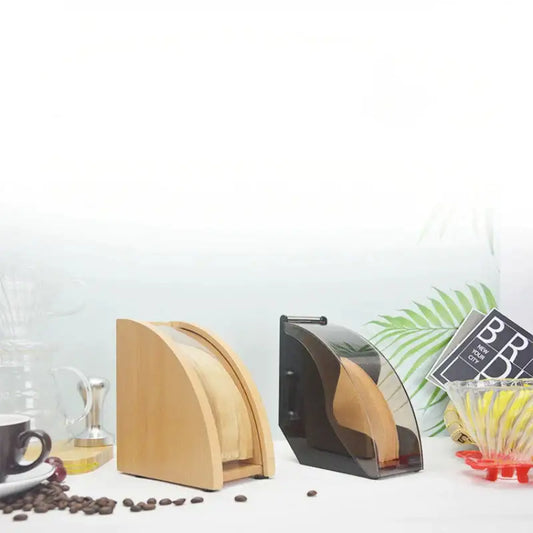 Wood and black decorbites barista filter storage box with curved semi-transparent coffee drippers for barista filter storage