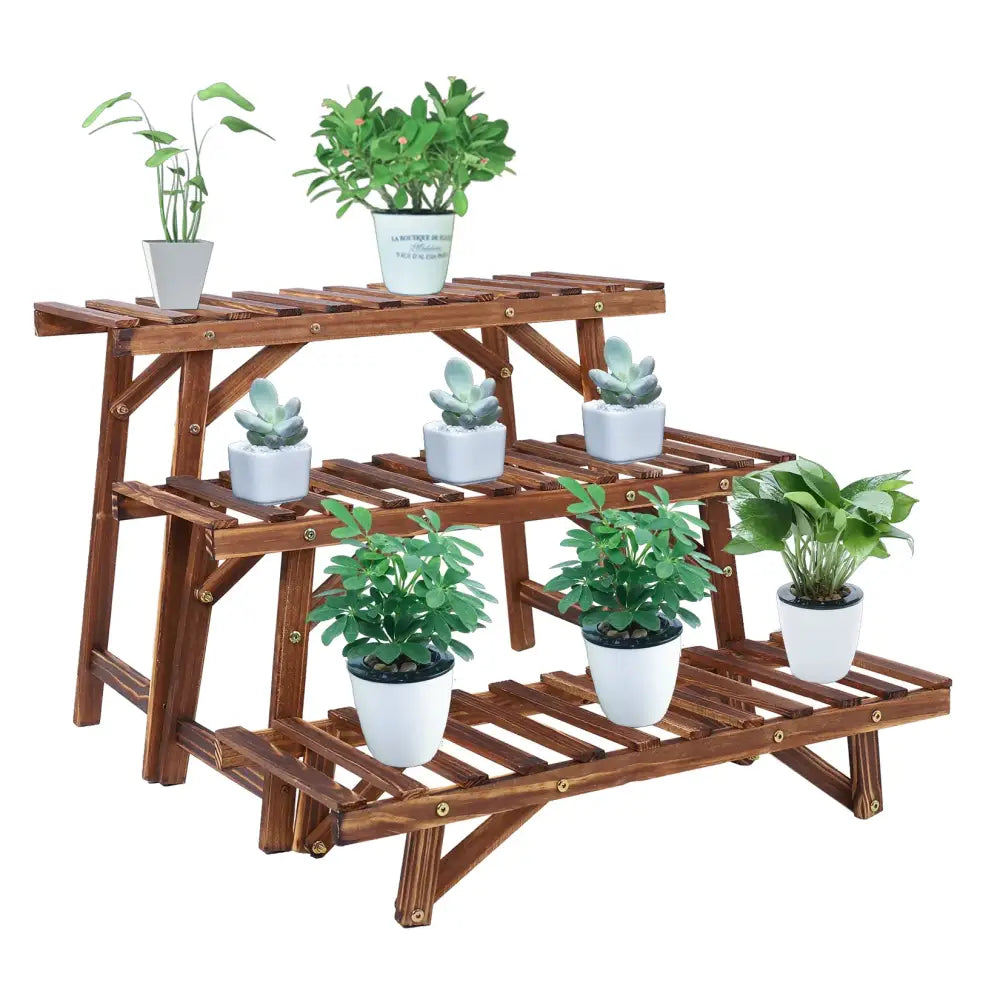 DecorBites 3 tier wood ladder shelf plant stand in brown with slatted shelves and gold toned hardware