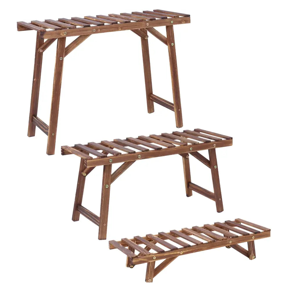 Set of three rich brown wood plant stands with slatted tops and sturdy a-frame legs by DecorBites ladder shelf