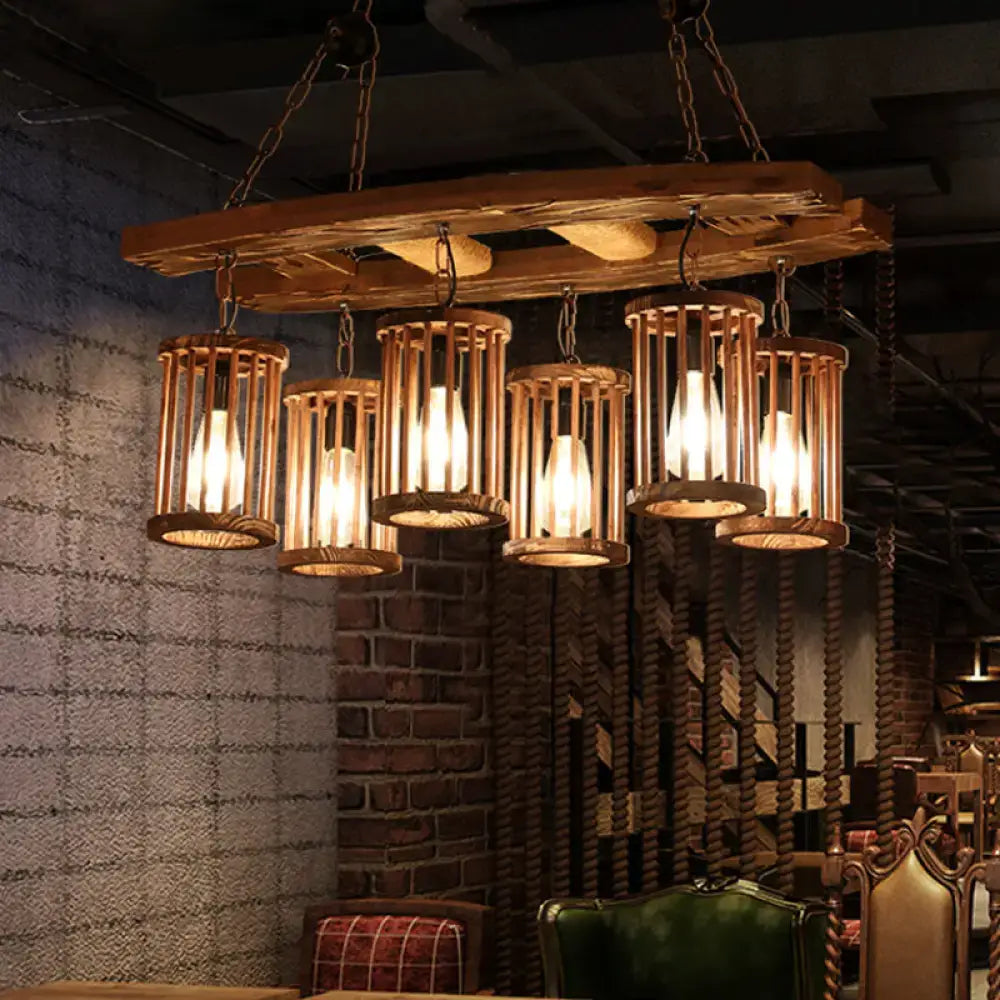 Rustic 6-light wood pendant chandelier with five bamboo cages and chain cord length for hanging island light decor