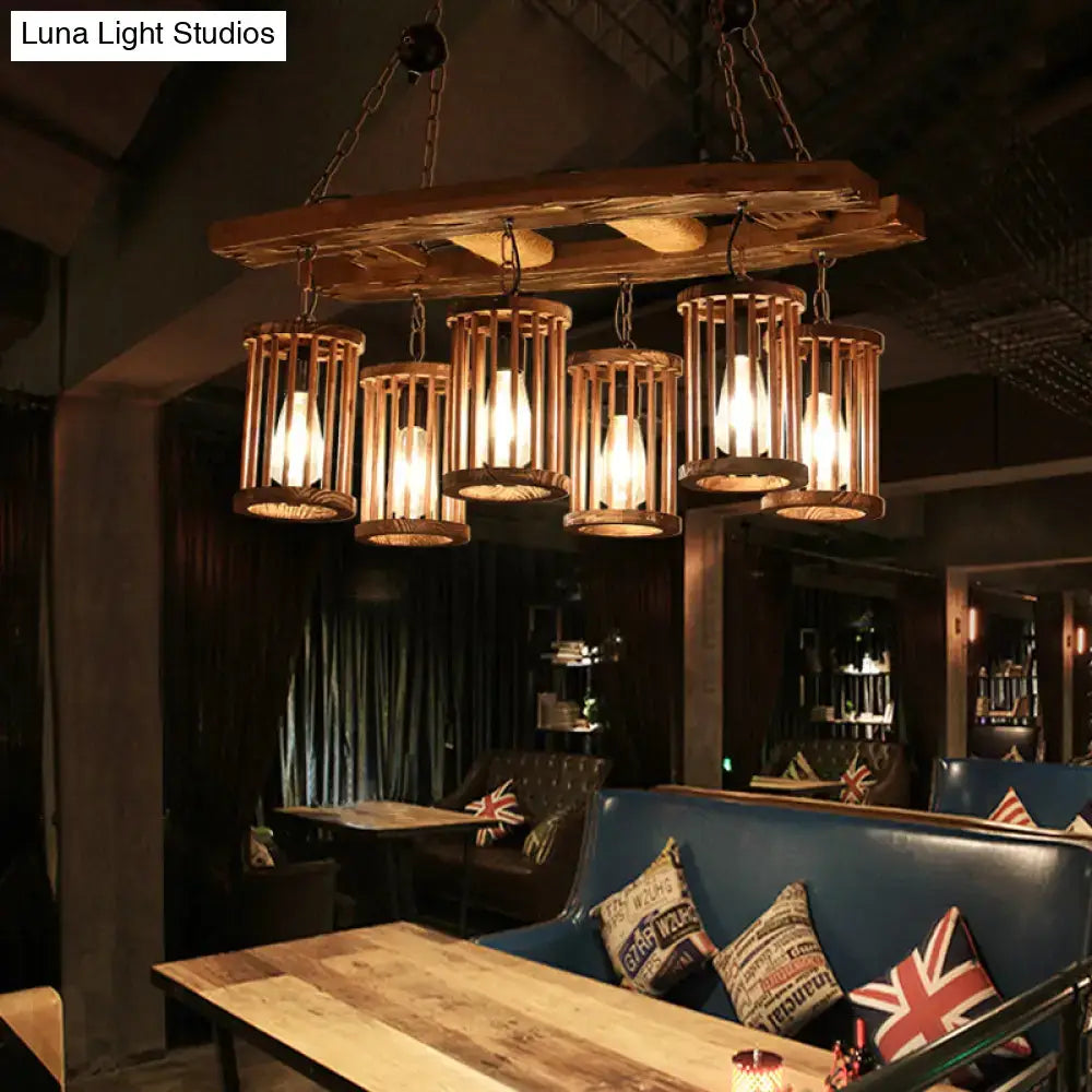 DecorBites 6-light wood pendant chandelier with five cylindrical cage lights and adjustable chain cord length hanging island light