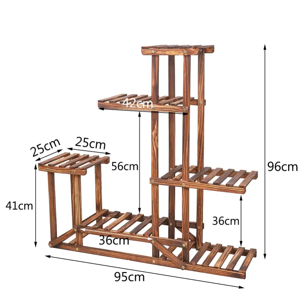 Decorbites 6-tier brown wood plant stand shelf with slatted shelves and vertical supports for indoor outdoor use