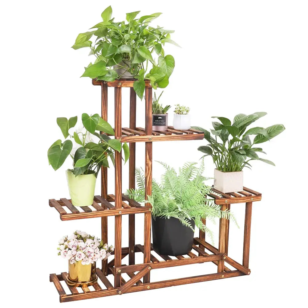Decorbites™ 6-tier brown wood plant stand shelf with slatted shelves and metal accents for indoor and outdoor use