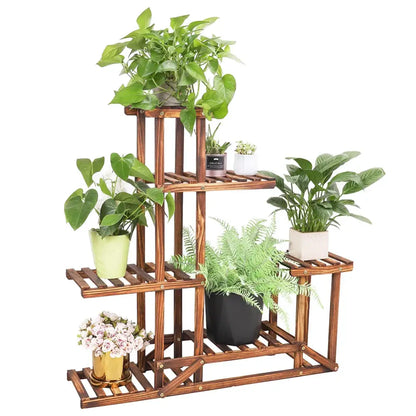 Decorbites™ 6-tier brown wood plant stand shelf with slatted shelves and metal accents for indoor and outdoor use