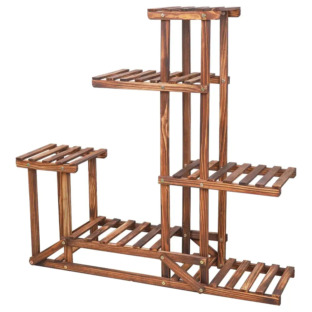 Brown wooden wood plant stand shelf with multiple slatted tiers and ladder design for indoor outdoor use