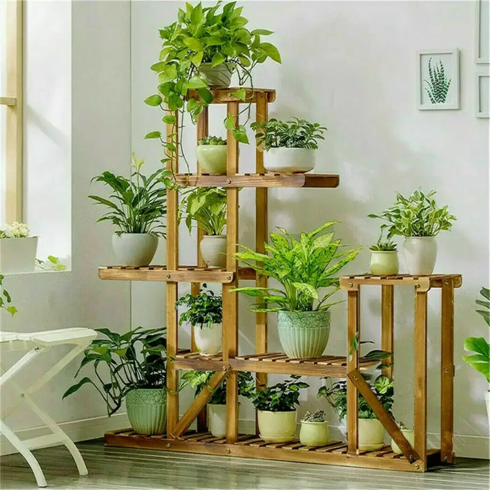 DecorBites™ 6-tier wood plant stand shelf with natural finish and slatted shelves holding potted green plants