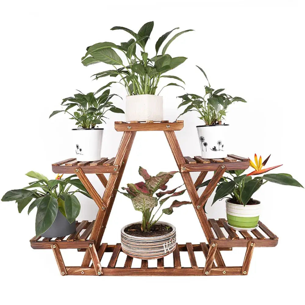 DecorBites™ brown wooden plant stand with six slatted shelves and metal fasteners for indoor outdoor use