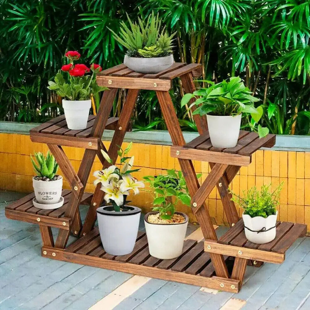 Decorbites™ brown wooden plant stand with six slatted tiers and gold-toned hardware for indoor outdoor use