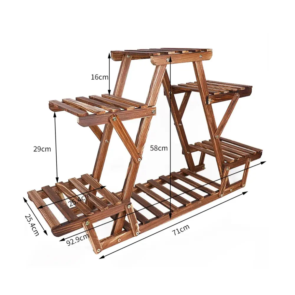 Brown wooden plant stand with six slatted tiers and folding legs for indoor and outdoor use by decorbites