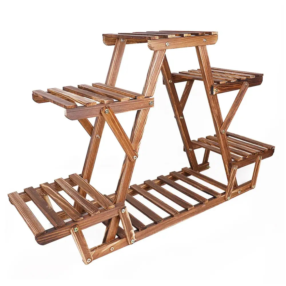 DecorBites™ 6-tier brown wooden plant stand with multiple slatted shelves for indoor and outdoor use