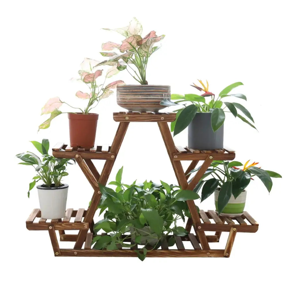 Brown wooden plant stand with three triangular tiers and slatted shelves for indoor and outdoor use