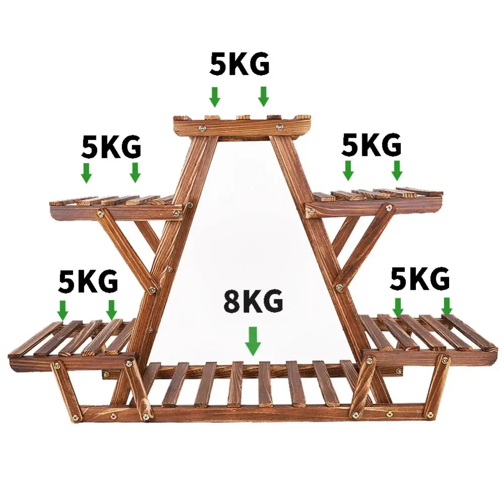 DecorBites™ brown wooden plant stand with three weight-marked tiers for indoor and outdoor use