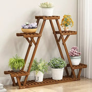 DecorBites™ brown wooden plant stand with triangular frame slatted shelves and folding legs for indoor outdoor use