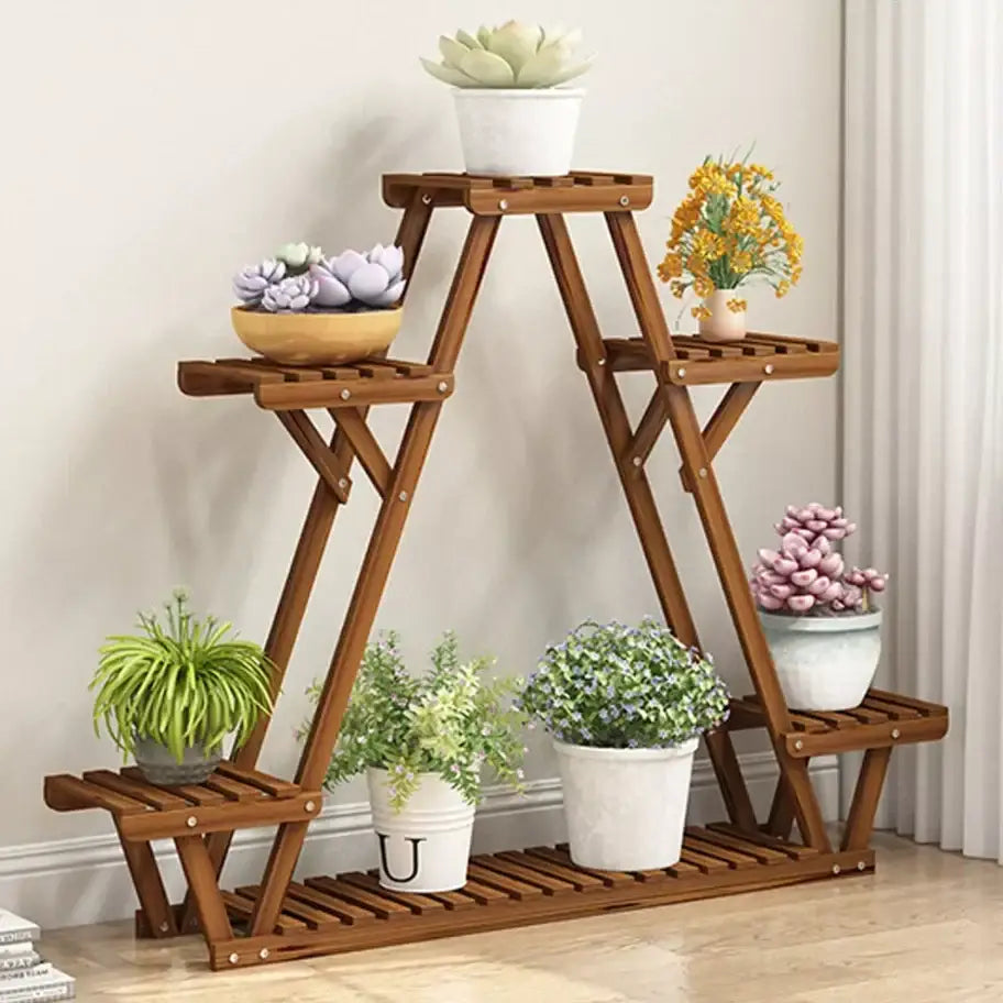 DecorBites™ brown wooden plant stand with triangular frame slatted shelves and folding legs for indoor outdoor use