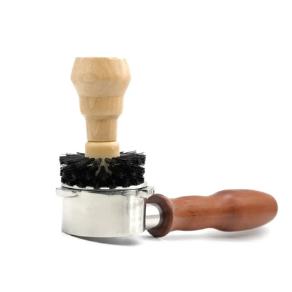 Wooden barista cleaning brush set featuring a wooden-handled espresso portafilter brush with black bristles and metallic base