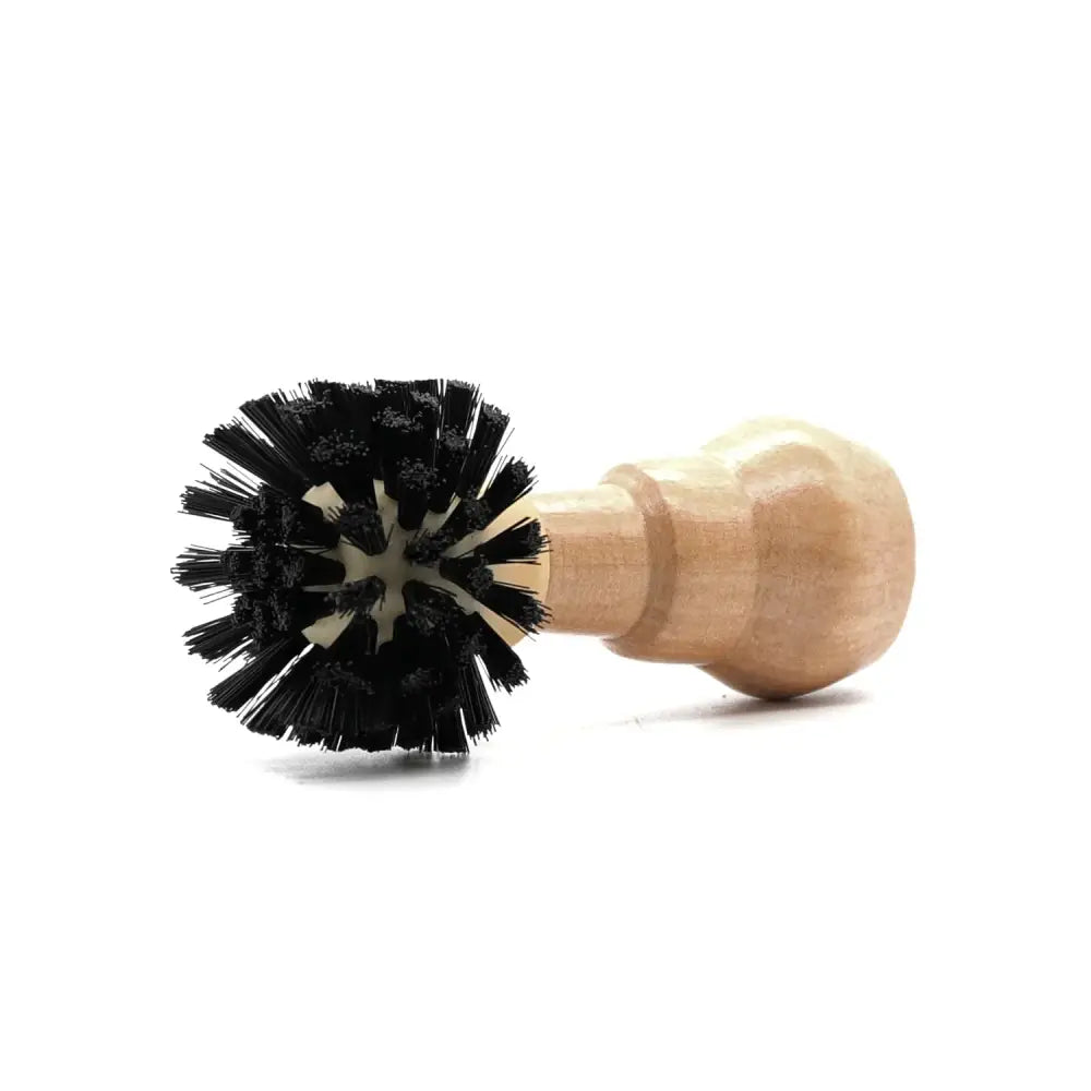 Wooden barista cleaning brush set featuring a wooden-handled cleaning brush with dense black bristles and rounded handle