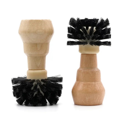 Wooden barista cleaning brush set with two wooden-handled black bristle brushes for kitchen espresso tools