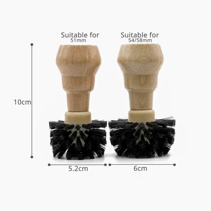 Wooden barista cleaning brush set with wooden handles and black bristles for 51mm and 54 58mm openings