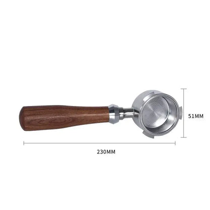 A sleek wooden and black bottomless portafilter handle with a polished wooden grip and stainless steel basket by decorbites