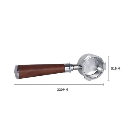 A sleek wooden and black bottomless portafilter handle with a polished wood grip and stainless steel body by decorbites