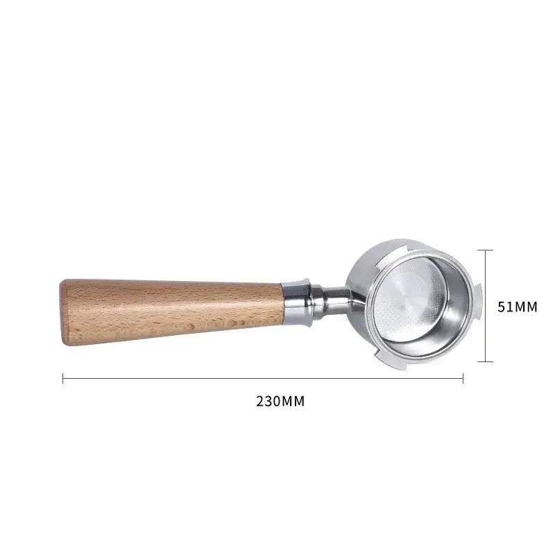 A sleek 230mm decorbites bottomless portafilter with a polished stainless steel body and natural wood portafilter handle