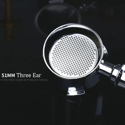 Shiny stainless steel 51mm three-ear perforated filter basket with wooden black decorbites bottomless portafilter handle