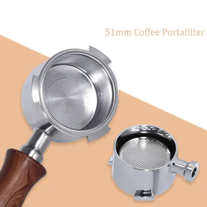 51mm stainless steel decorbites bottomless portafilter with wooden handle and perforated filter basket for coffee use