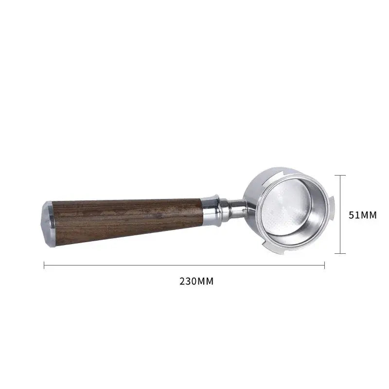 A sleek wooden and black bottomless portafilter handle with rich brown wood and polished stainless steel body decorbites portafilter handle