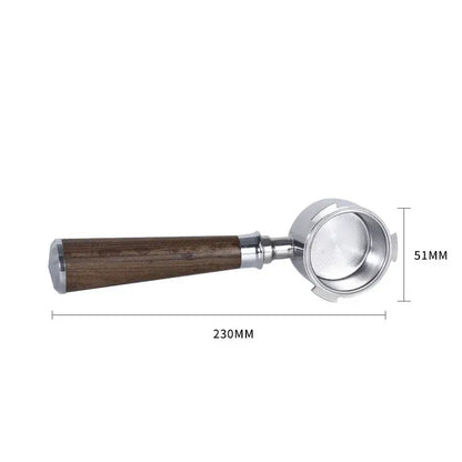 A sleek wooden and black bottomless portafilter handle with rich brown wood and polished stainless steel body decorbites portafilter handle