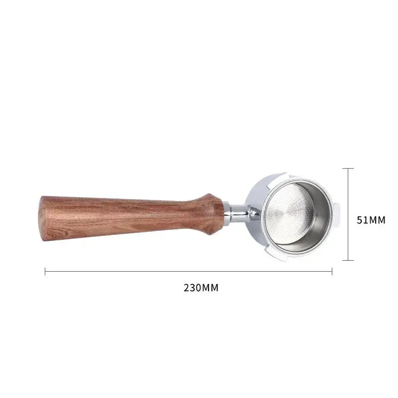 Wooden and black bottomless portafilter handle with wooden-handled polished stainless steel basket for coffee brewing